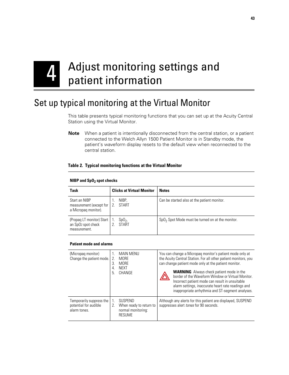 Adjust monitoring settings and patient information, Set up typical monitoring at the virtual monitor | Welch Allyn Acuity and Mobile Acuity LT Central Monitoring Systems - User Manual User Manual | Page 47 / 214