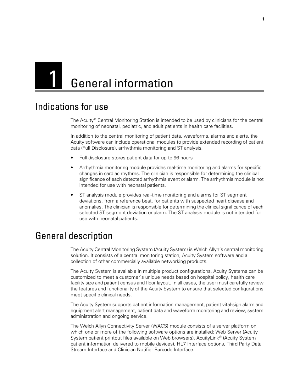 General information, Indications for use, General description | 1 - general information, Indications for use general description | Welch Allyn Acuity and Mobile Acuity LT Central Monitoring Systems - User Manual User Manual | Page 5 / 214