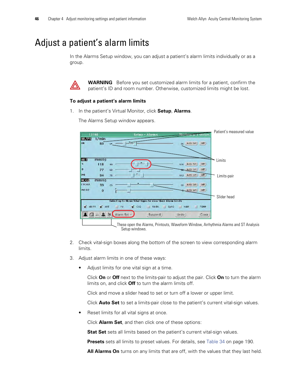 Adjust a patient’s alarm limits | Welch Allyn Acuity and Mobile Acuity LT Central Monitoring Systems - User Manual User Manual | Page 50 / 214