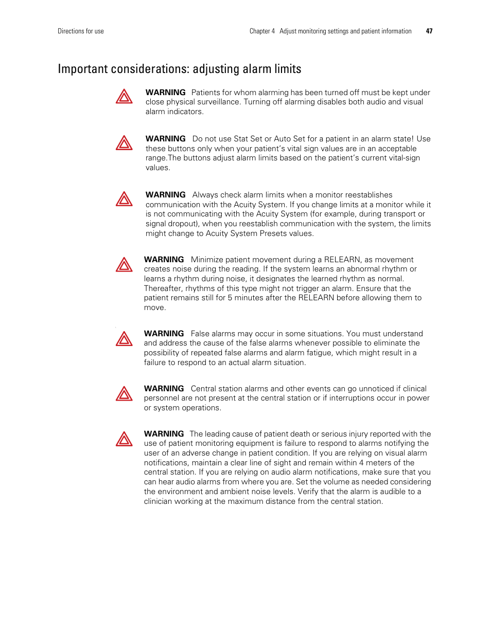 Important considerations: adjusting alarm limits | Welch Allyn Acuity and Mobile Acuity LT Central Monitoring Systems - User Manual User Manual | Page 51 / 214