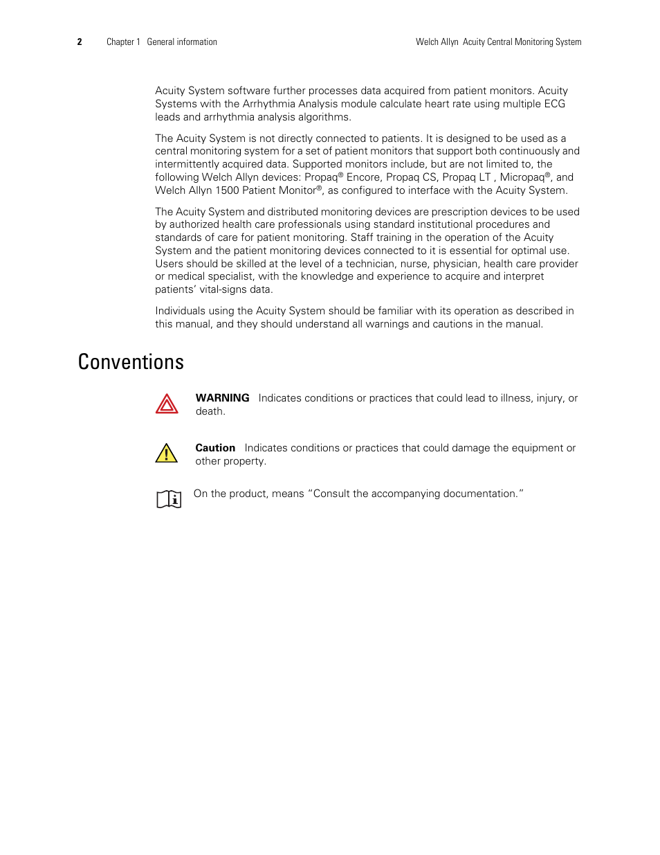 Conventions | Welch Allyn Acuity and Mobile Acuity LT Central Monitoring Systems - User Manual User Manual | Page 6 / 214