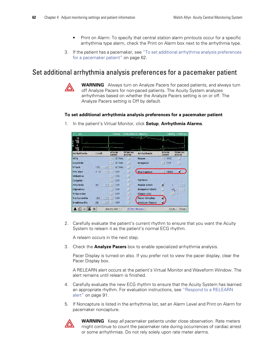 To set additional arrhythmia analysis preferences, For a pacemaker patient | Welch Allyn Acuity and Mobile Acuity LT Central Monitoring Systems - User Manual User Manual | Page 66 / 214
