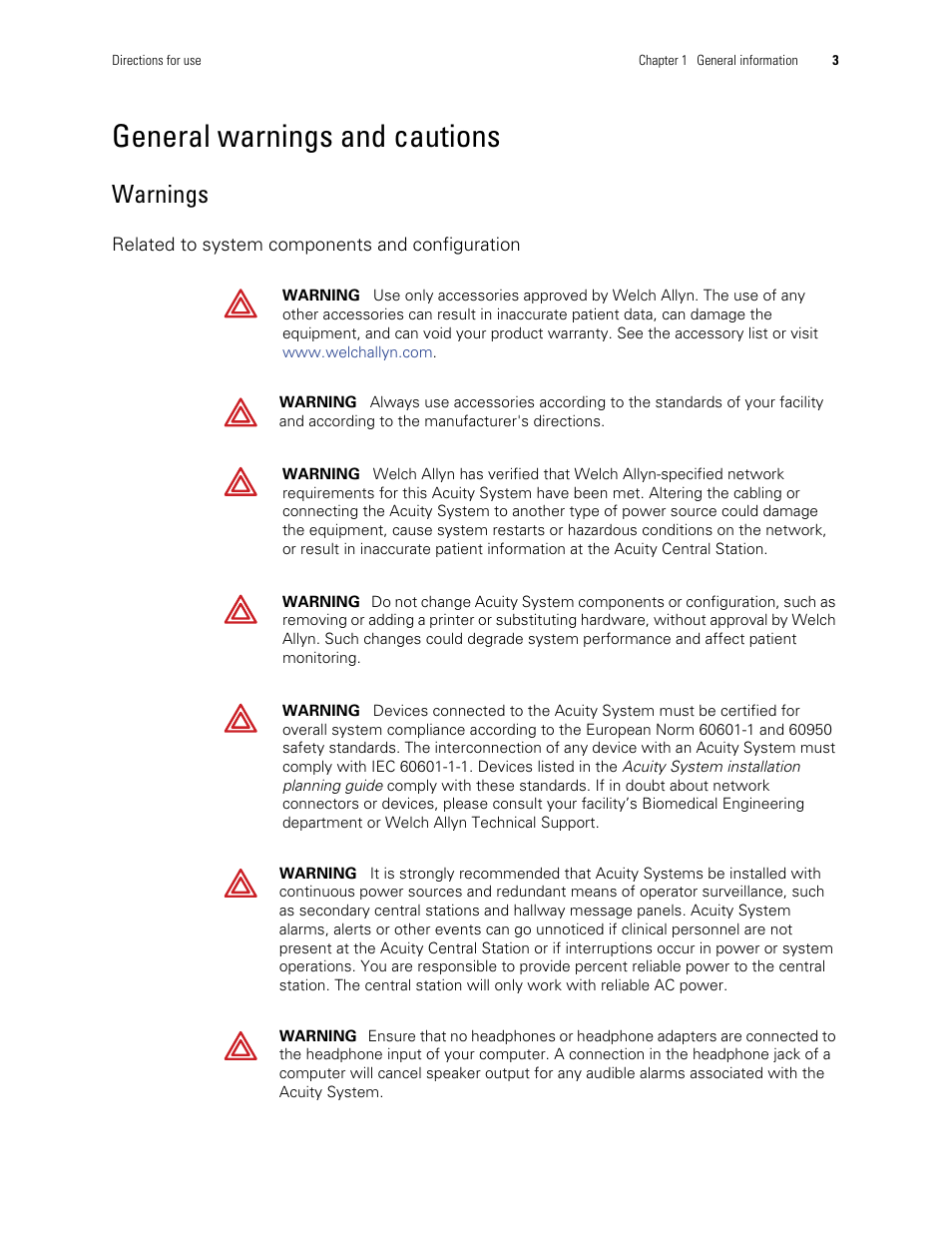 General warnings and cautions, Warnings | Welch Allyn Acuity and Mobile Acuity LT Central Monitoring Systems - User Manual User Manual | Page 7 / 214