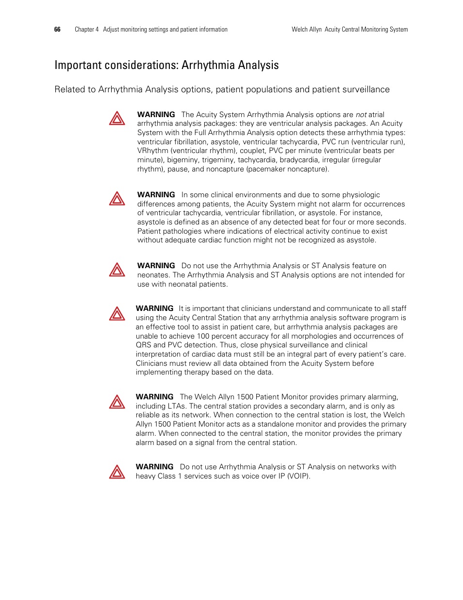 Important considerations: arrhythmia analysis | Welch Allyn Acuity and Mobile Acuity LT Central Monitoring Systems - User Manual User Manual | Page 70 / 214