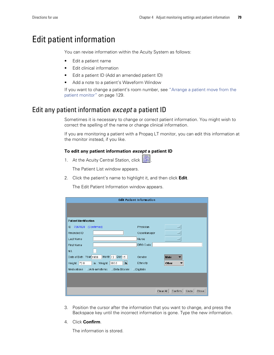 Edit patient information, Edit any patient information except a patient id | Welch Allyn Acuity and Mobile Acuity LT Central Monitoring Systems - User Manual User Manual | Page 83 / 214
