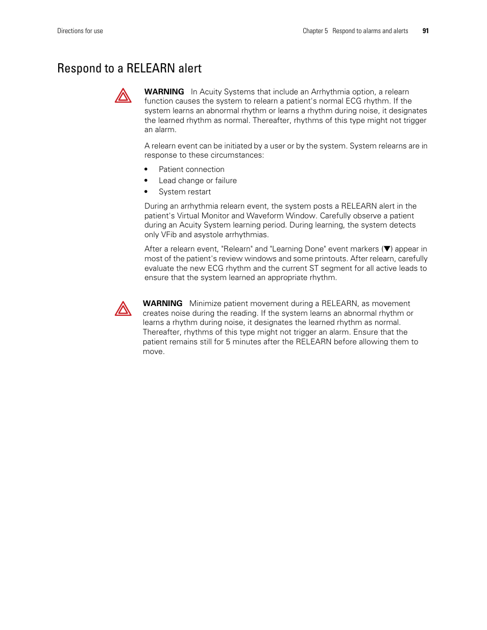 Respond to a relearn, Alert, Respond to a relearn alert | Welch Allyn Acuity and Mobile Acuity LT Central Monitoring Systems - User Manual User Manual | Page 95 / 214