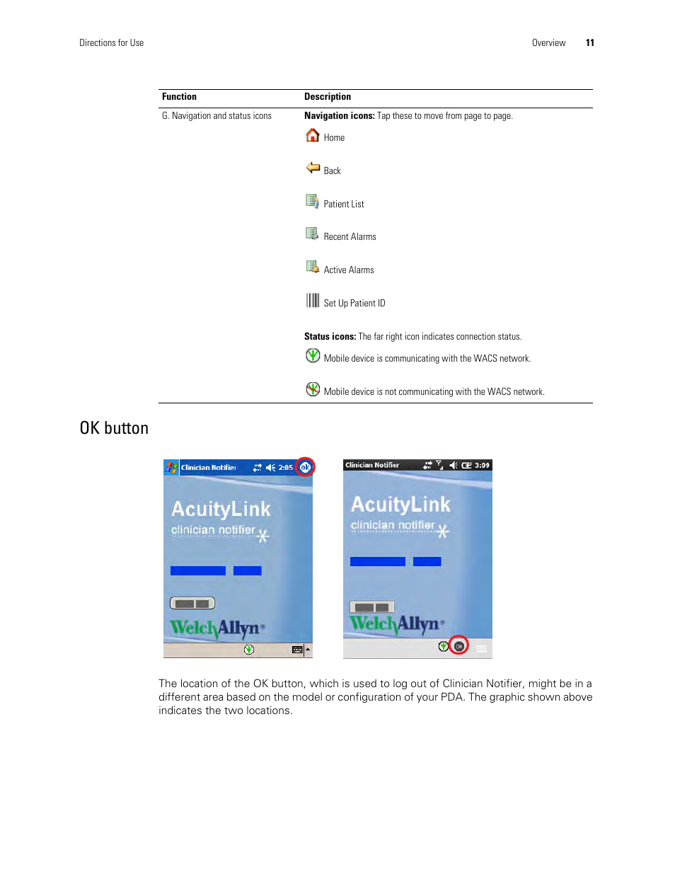 Ok button | Welch Allyn AcuityLink Clinician Notifier - User Manual User Manual | Page 15 / 64