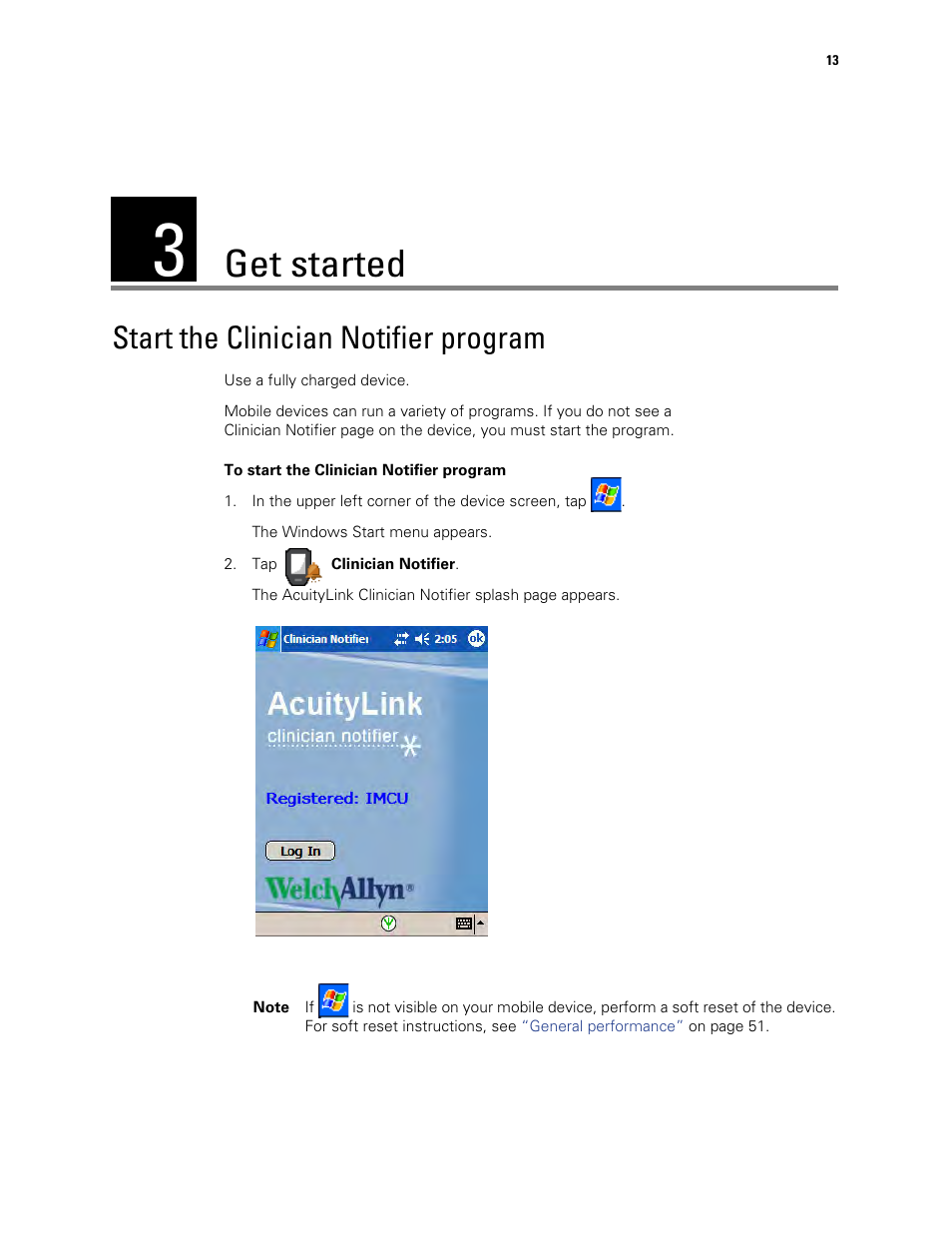 Get started, Start the clinician notifier program, 3 - get started | Welch Allyn AcuityLink Clinician Notifier - User Manual User Manual | Page 17 / 64