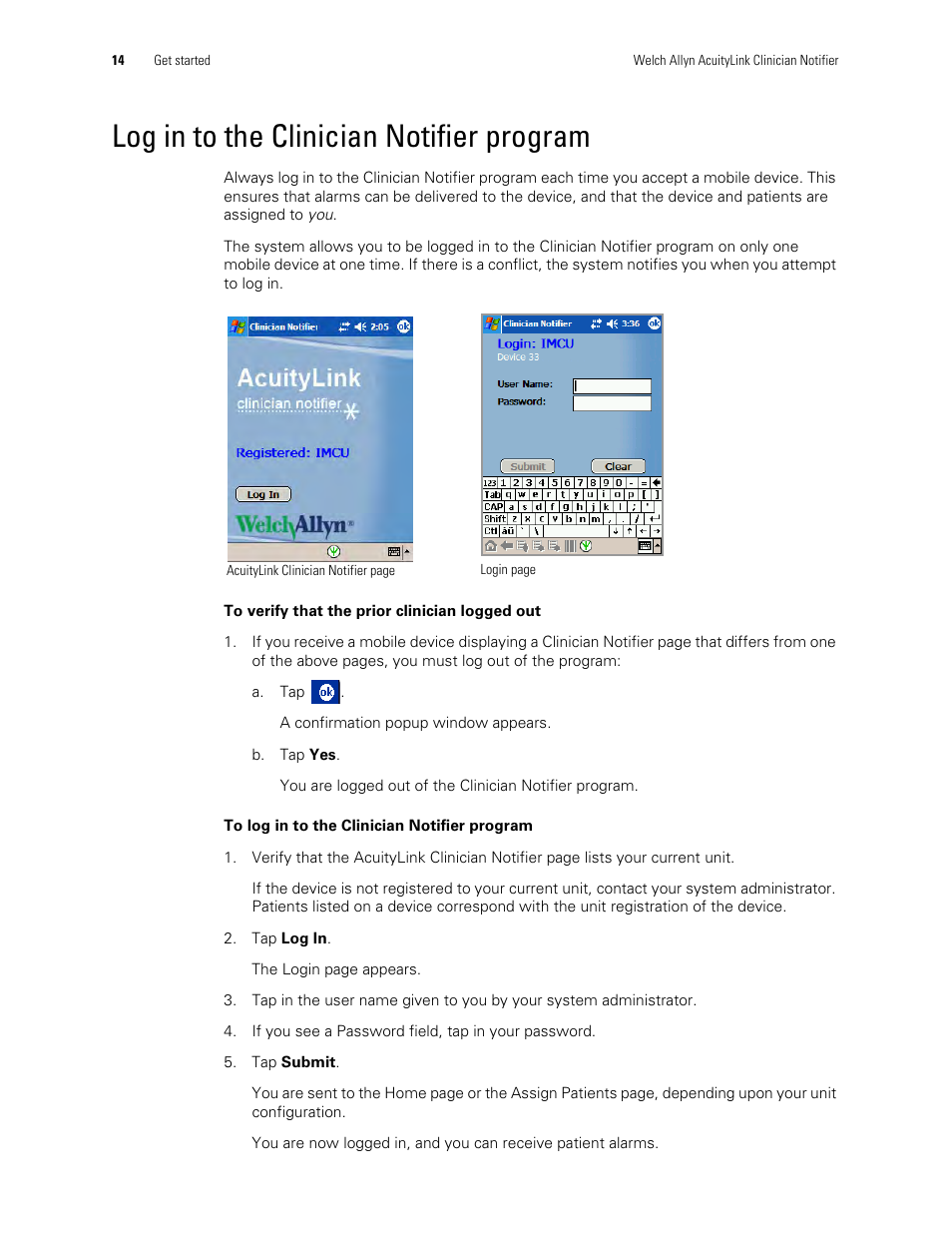 Log in to the clinician notifier program | Welch Allyn AcuityLink Clinician Notifier - User Manual User Manual | Page 18 / 64