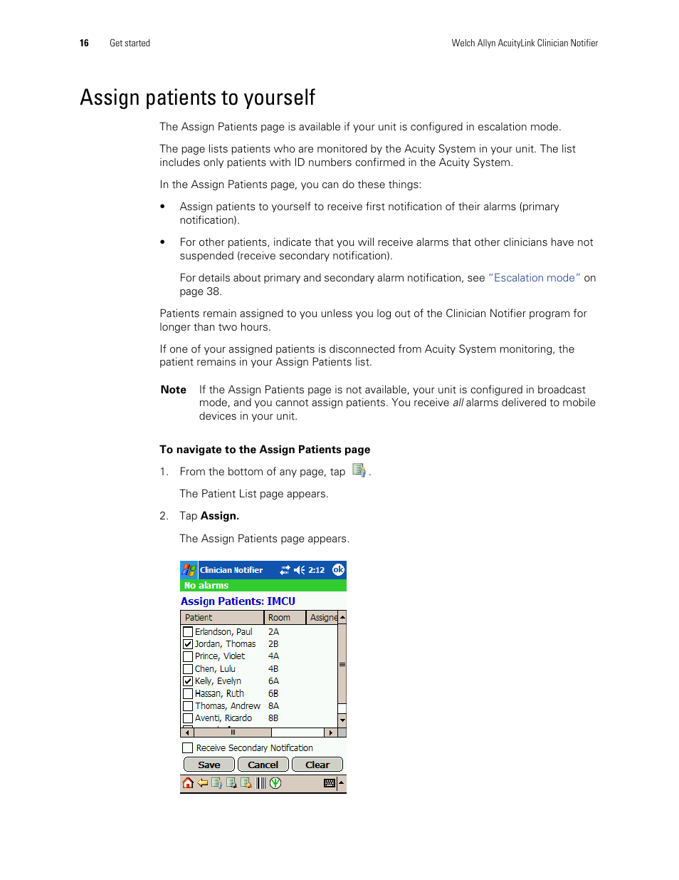 Assign patients to yourself | Welch Allyn AcuityLink Clinician Notifier - User Manual User Manual | Page 20 / 64