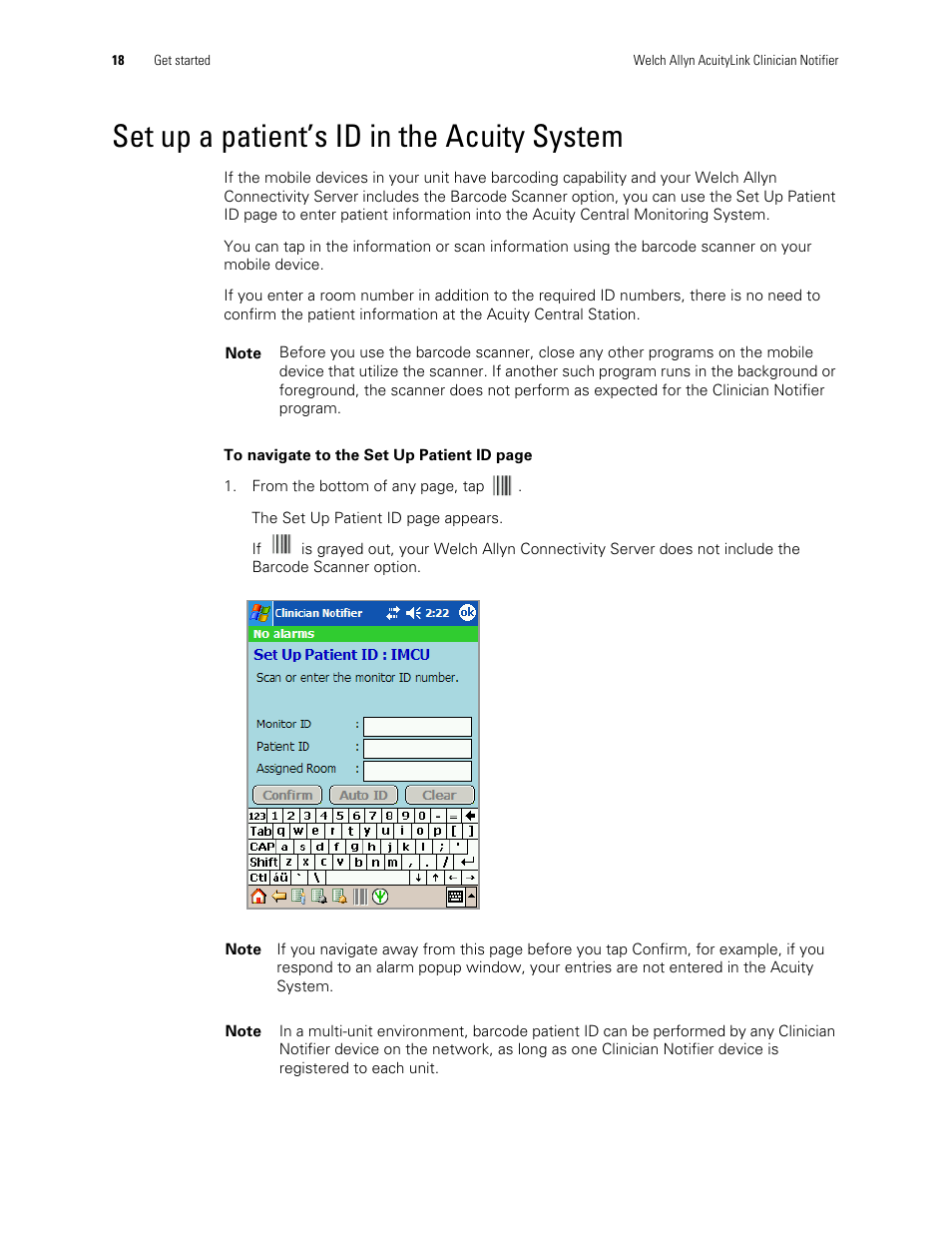 Set up a patient’s id in the acuity system | Welch Allyn AcuityLink Clinician Notifier - User Manual User Manual | Page 22 / 64