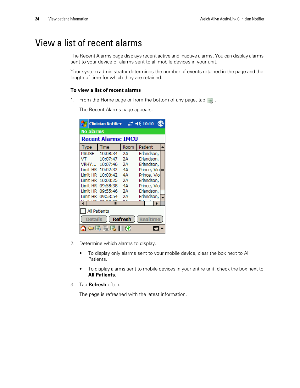 View a list of recent alarms | Welch Allyn AcuityLink Clinician Notifier - User Manual User Manual | Page 28 / 64