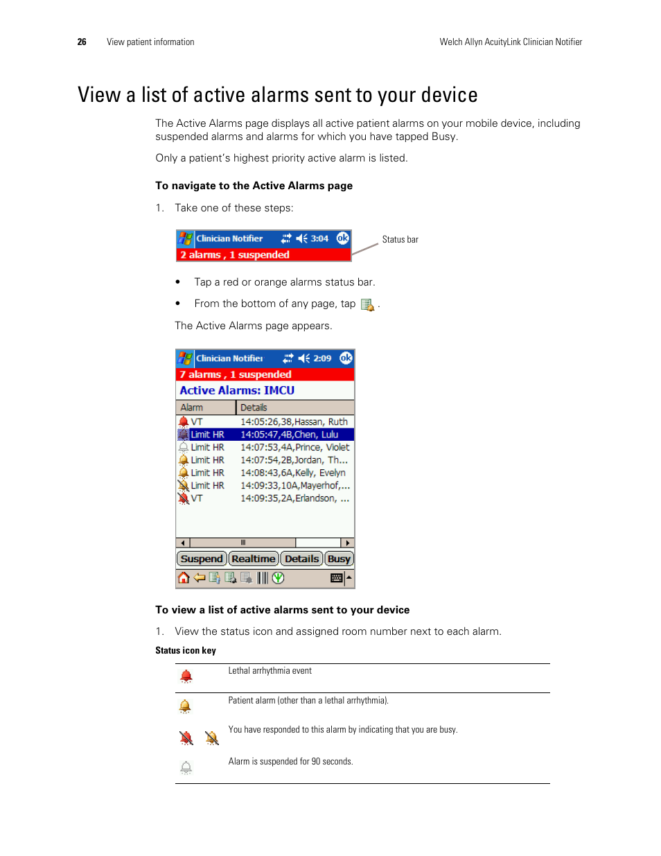 View a list of active alarms sent to your device | Welch Allyn AcuityLink Clinician Notifier - User Manual User Manual | Page 30 / 64