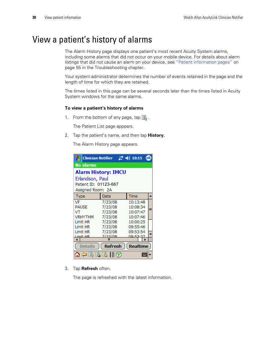 View a patient’s history of alarms | Welch Allyn AcuityLink Clinician Notifier - User Manual User Manual | Page 34 / 64
