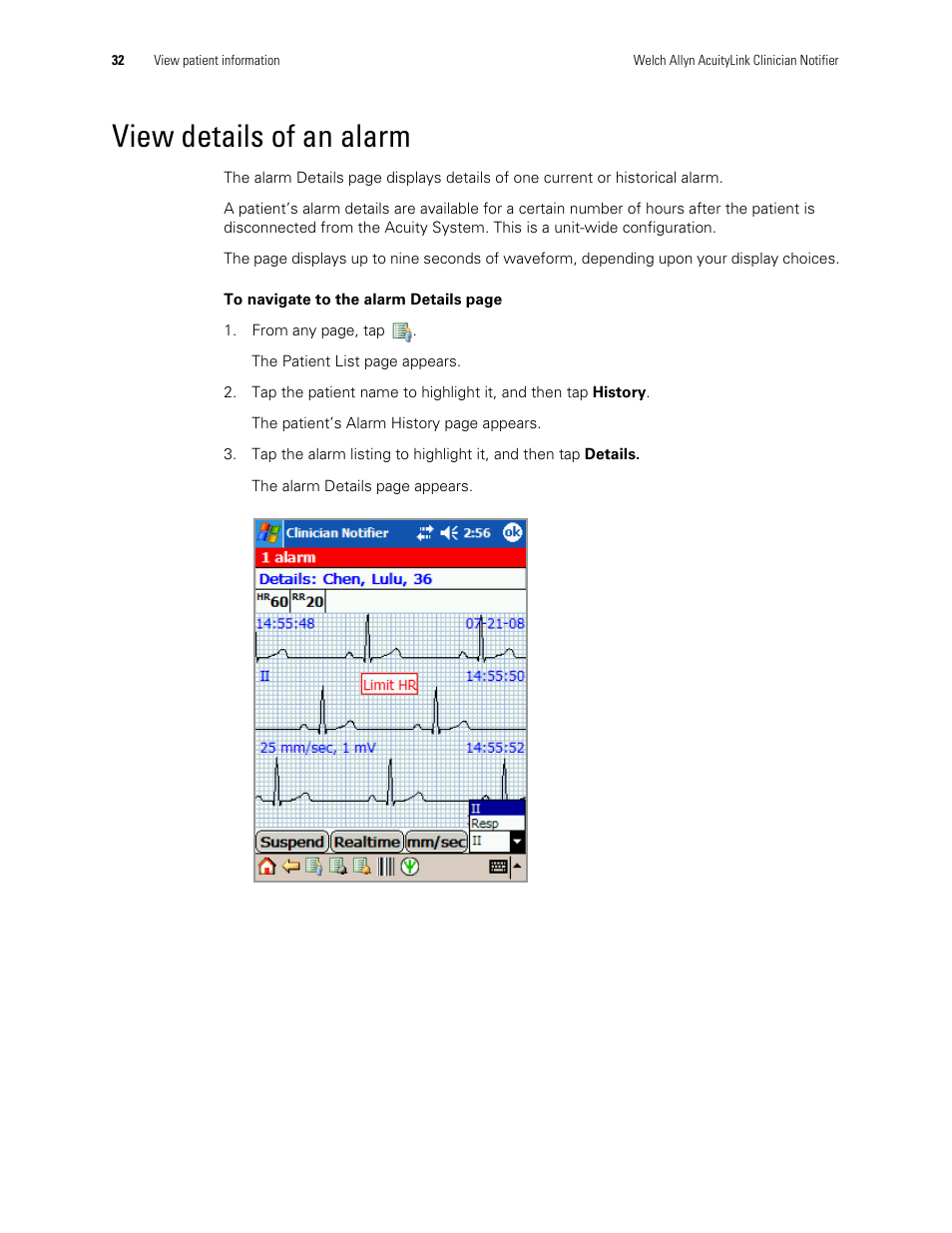 View details of an alarm | Welch Allyn AcuityLink Clinician Notifier - User Manual User Manual | Page 36 / 64