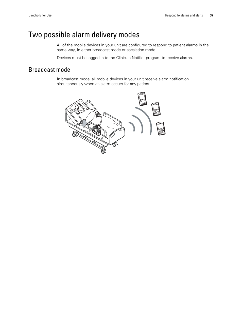 Two possible alarm delivery modes, Broadcast mode | Welch Allyn AcuityLink Clinician Notifier - User Manual User Manual | Page 41 / 64