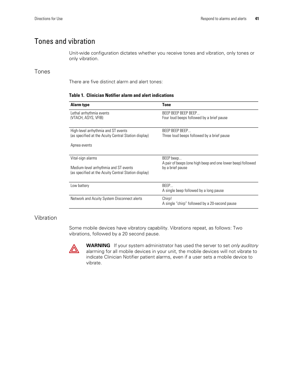 Tones and vibration | Welch Allyn AcuityLink Clinician Notifier - User Manual User Manual | Page 45 / 64