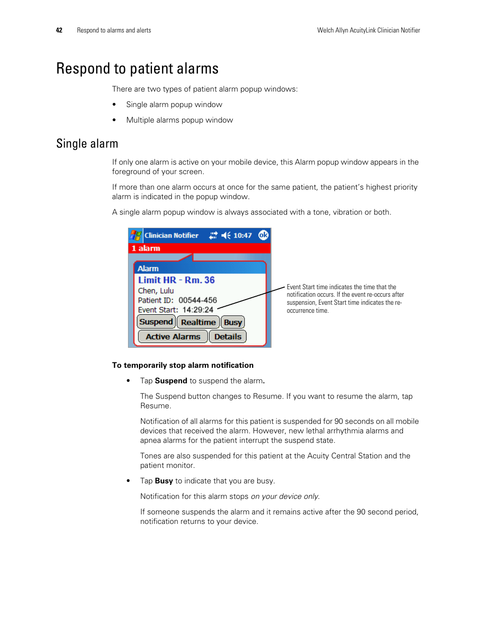 Respond to patient alarms, Single alarm | Welch Allyn AcuityLink Clinician Notifier - User Manual User Manual | Page 46 / 64