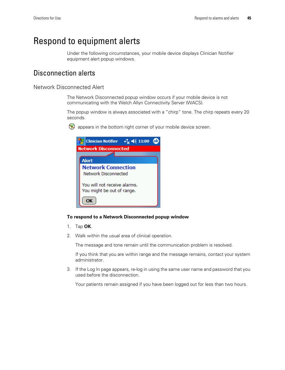Respond to equipment alerts, Disconnection alerts | Welch Allyn AcuityLink Clinician Notifier - User Manual User Manual | Page 49 / 64