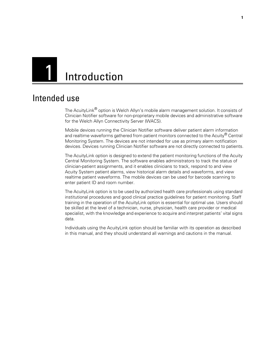 Introduction, Intended use, 1 - introduction | Welch Allyn AcuityLink Clinician Notifier - User Manual User Manual | Page 5 / 64