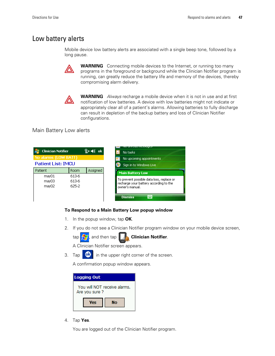 Low battery alerts | Welch Allyn AcuityLink Clinician Notifier - User Manual User Manual | Page 51 / 64