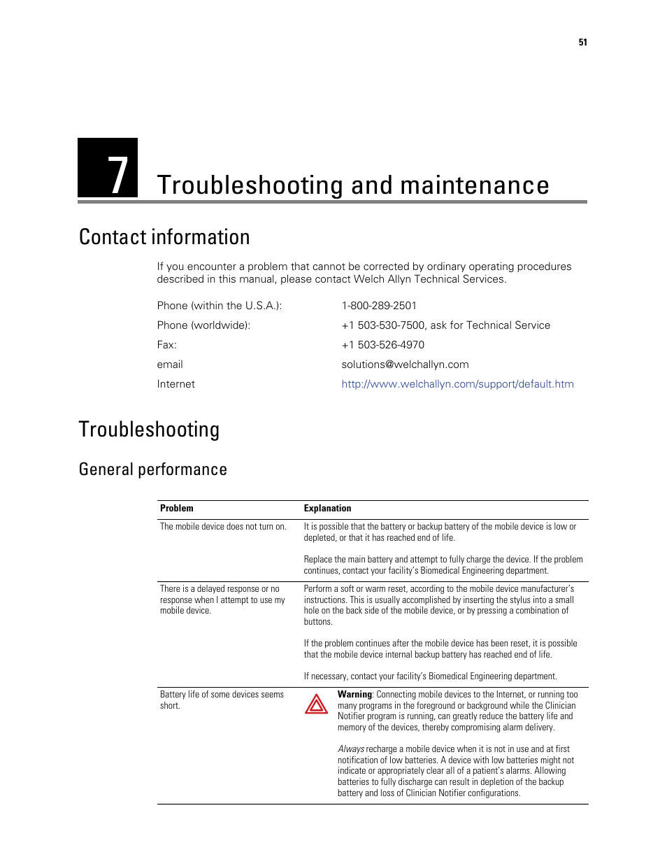 Troubleshooting and maintenance, Contact information, Troubleshooting | 7 - troubleshooting and maintenance, Contact information troubleshooting, General performance | Welch Allyn AcuityLink Clinician Notifier - User Manual User Manual | Page 55 / 64
