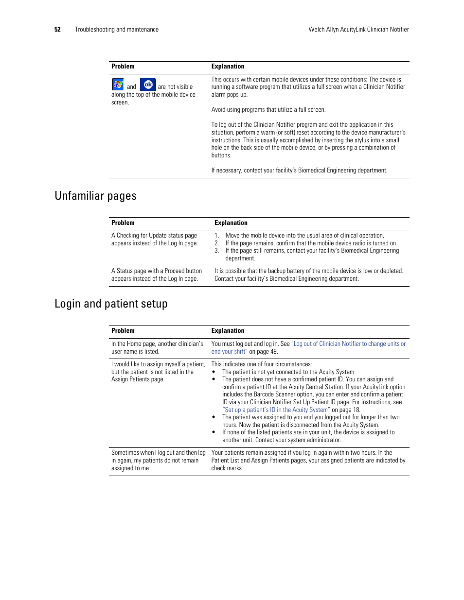 Unfamiliar pages login and patient setup | Welch Allyn AcuityLink Clinician Notifier - User Manual User Manual | Page 56 / 64