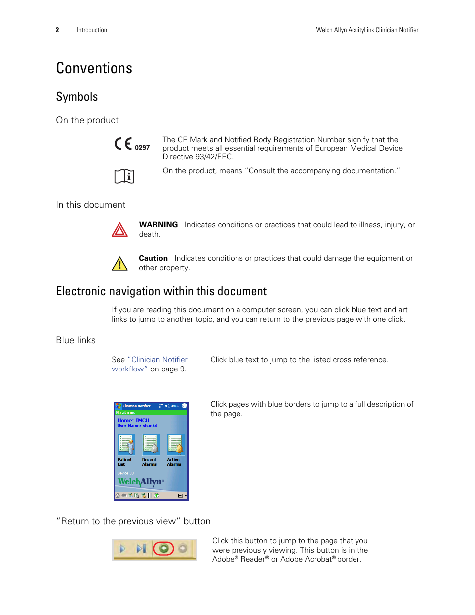 Conventions, Symbols, Electronic navigation within this document | Welch Allyn AcuityLink Clinician Notifier - User Manual User Manual | Page 6 / 64