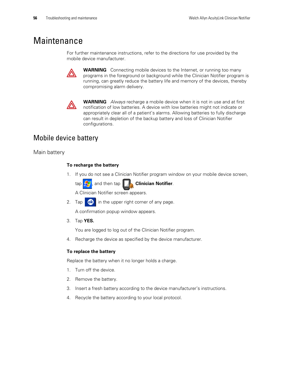 Maintenance, Mobile device battery | Welch Allyn AcuityLink Clinician Notifier - User Manual User Manual | Page 60 / 64