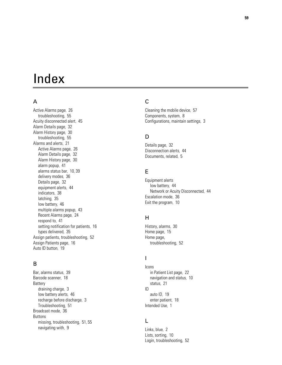 Index | Welch Allyn AcuityLink Clinician Notifier - User Manual User Manual | Page 63 / 64