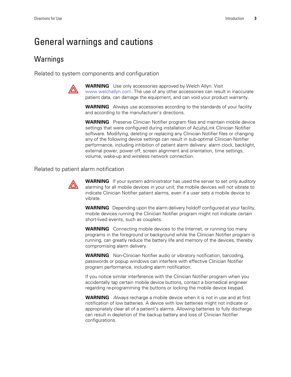 General warnings and cautions, Warnings | Welch Allyn AcuityLink Clinician Notifier - User Manual User Manual | Page 7 / 64