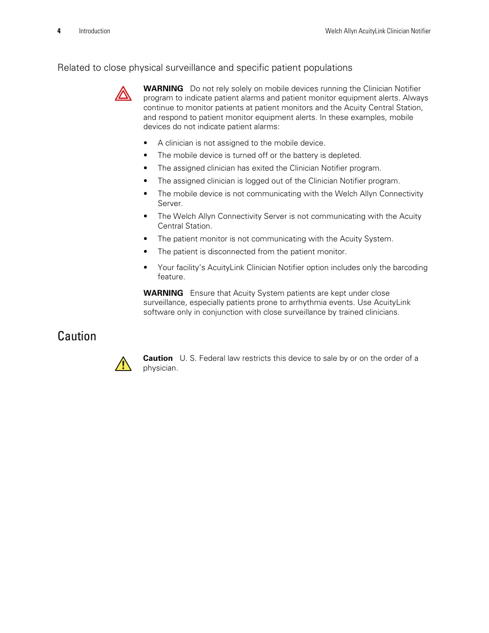 Caution | Welch Allyn AcuityLink Clinician Notifier - User Manual User Manual | Page 8 / 64