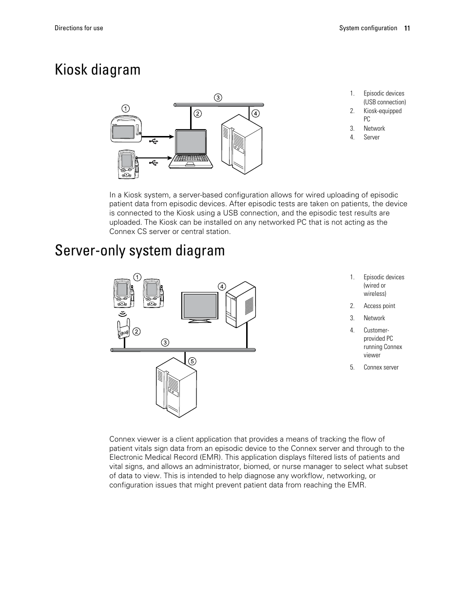 Kiosk diagram, Server-only system diagram | Welch Allyn Connex Central Station - User Manual User Manual | Page 17 / 98