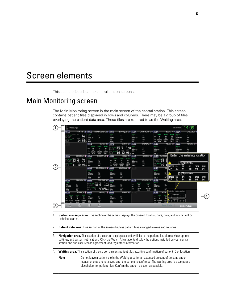 Screen elements, Main monitoring screen | Welch Allyn Connex Central Station - User Manual User Manual | Page 19 / 98