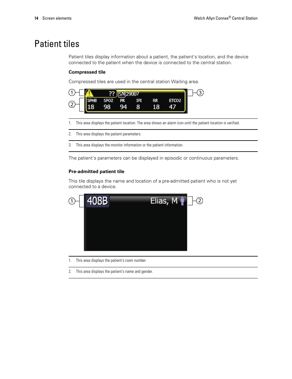 Patient tiles | Welch Allyn Connex Central Station - User Manual User Manual | Page 20 / 98