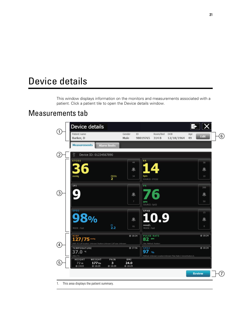 Device details, Measurements tab | Welch Allyn Connex Central Station - User Manual User Manual | Page 27 / 98