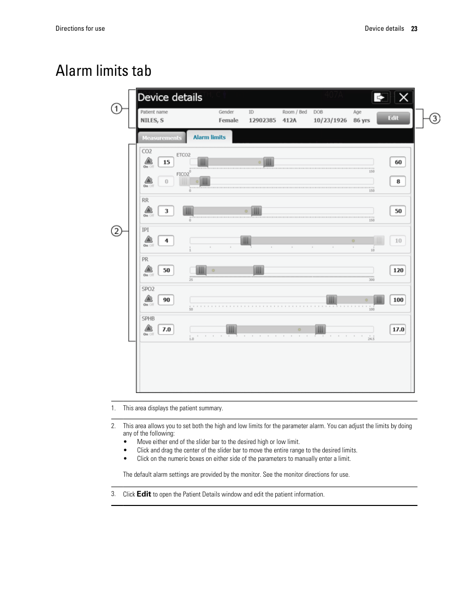 Alarm limits tab | Welch Allyn Connex Central Station - User Manual User Manual | Page 29 / 98