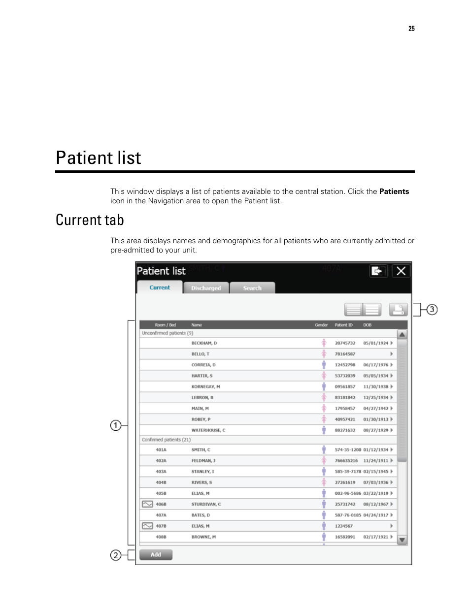 Patient list, Current tab | Welch Allyn Connex Central Station - User Manual User Manual | Page 31 / 98
