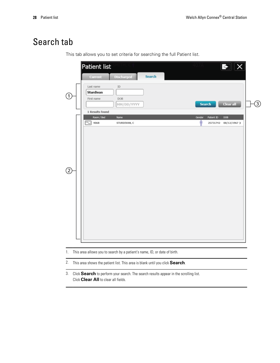 Search tab | Welch Allyn Connex Central Station - User Manual User Manual | Page 34 / 98