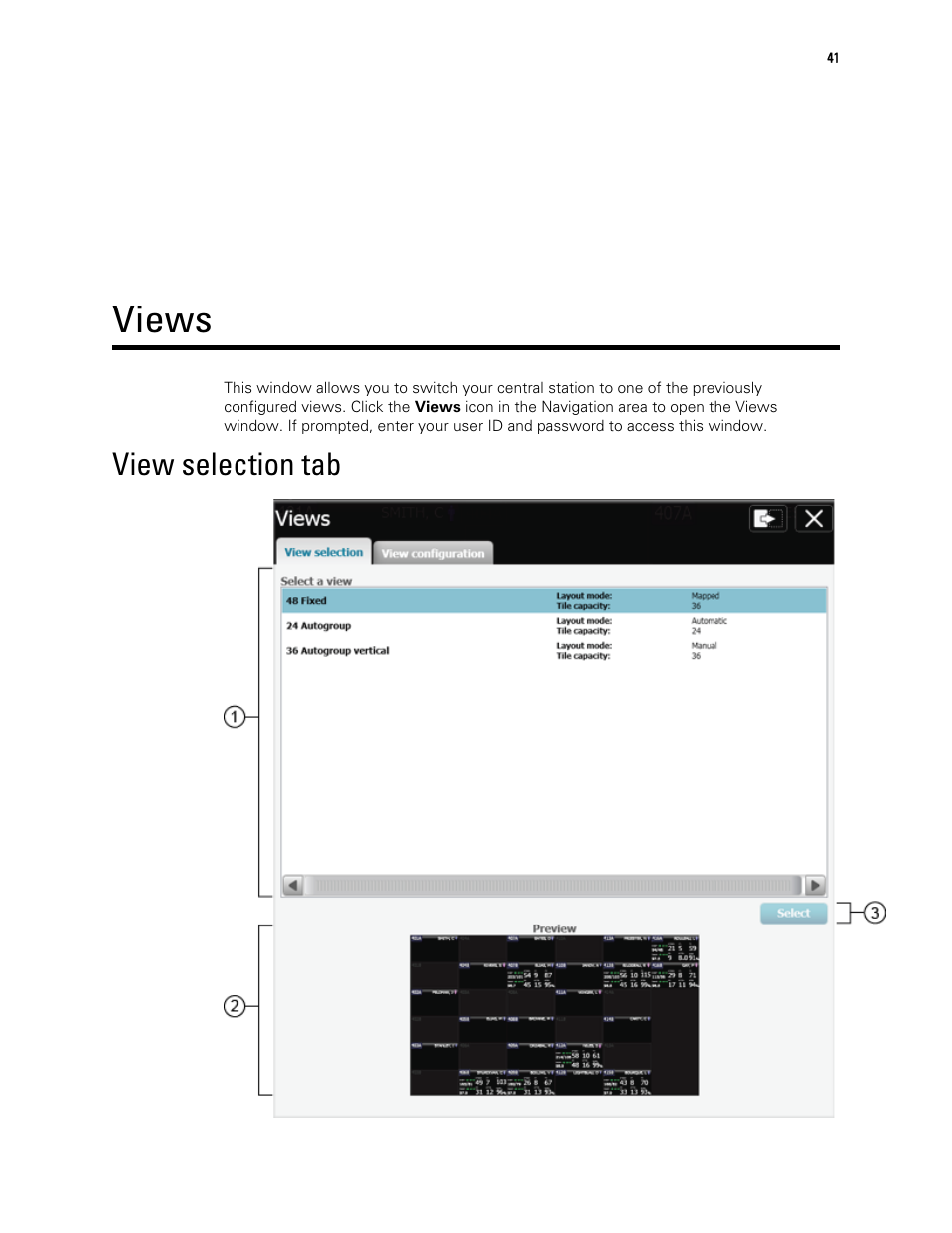 Views, View selection tab | Welch Allyn Connex Central Station - User Manual User Manual | Page 47 / 98