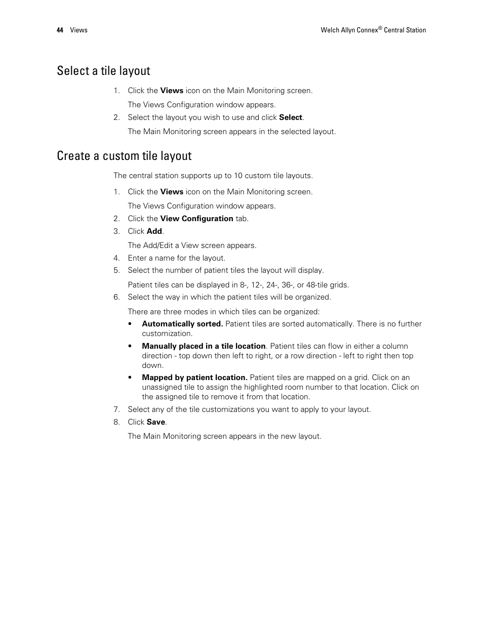 Select a tile layout, Create a custom tile layout | Welch Allyn Connex Central Station - User Manual User Manual | Page 50 / 98
