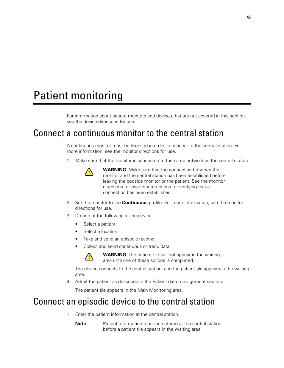 Patient monitoring, Connect an episodic device to the central station | Welch Allyn Connex Central Station - User Manual User Manual | Page 51 / 98