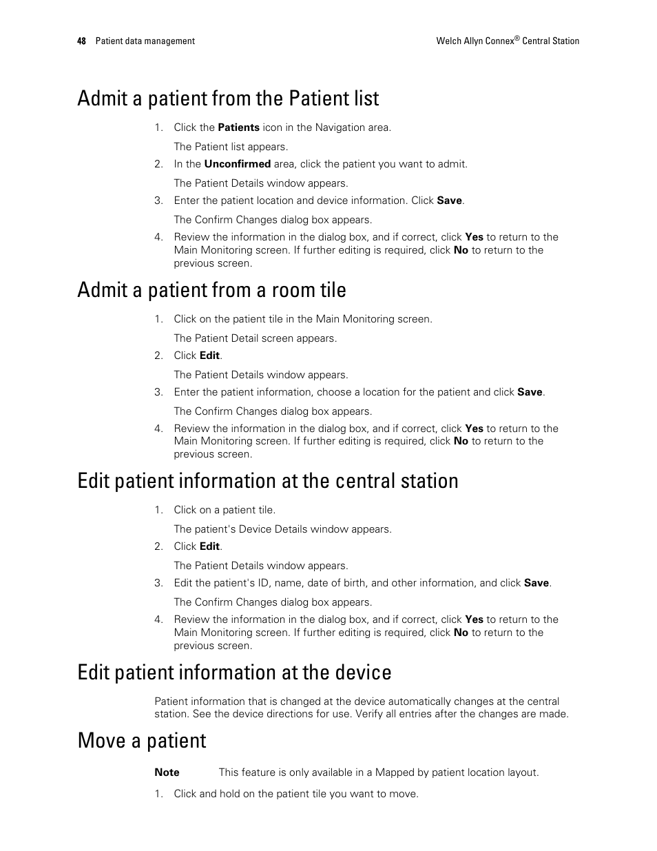 Admit a patient from the patient list, Admit a patient from a room tile, Edit patient information at the central station | Edit patient information at the device, Move a patient | Welch Allyn Connex Central Station - User Manual User Manual | Page 54 / 98