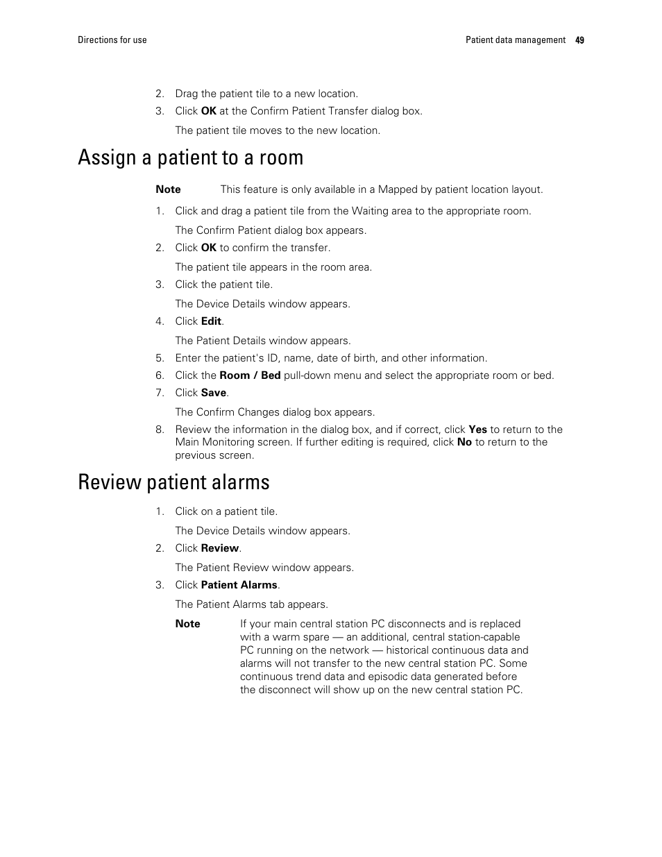 Assign a patient to a room, Review patient alarms | Welch Allyn Connex Central Station - User Manual User Manual | Page 55 / 98