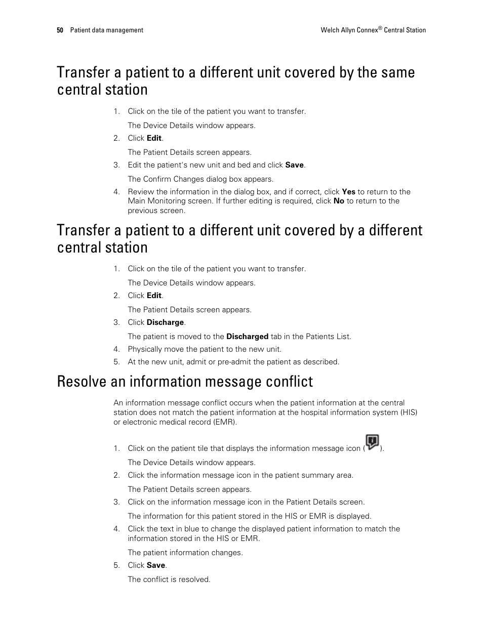 Resolve an information message conflict | Welch Allyn Connex Central Station - User Manual User Manual | Page 56 / 98