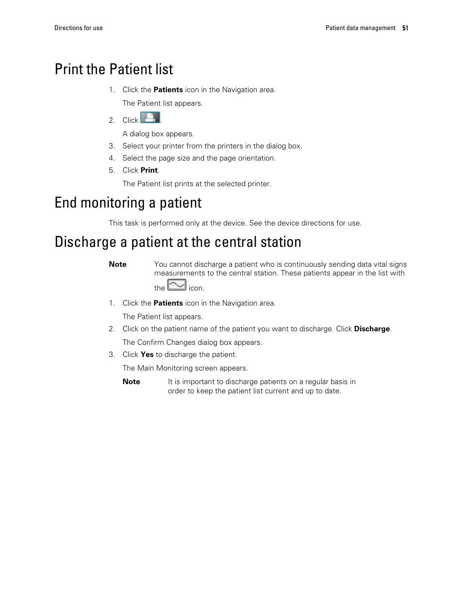 Print the patient list, End monitoring a patient, Discharge a patient at the central station | Welch Allyn Connex Central Station - User Manual User Manual | Page 57 / 98