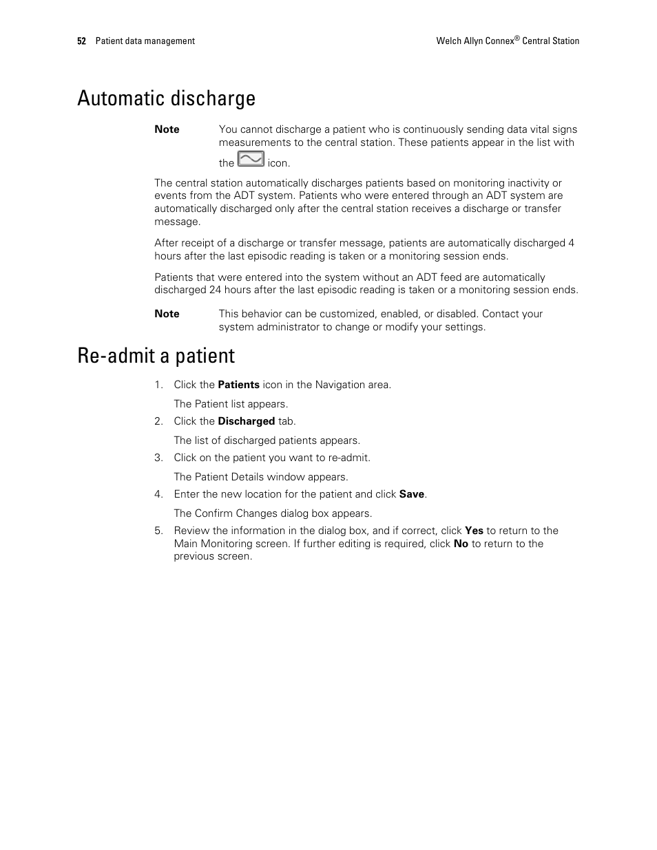 Automatic discharge, Re-admit a patient | Welch Allyn Connex Central Station - User Manual User Manual | Page 58 / 98