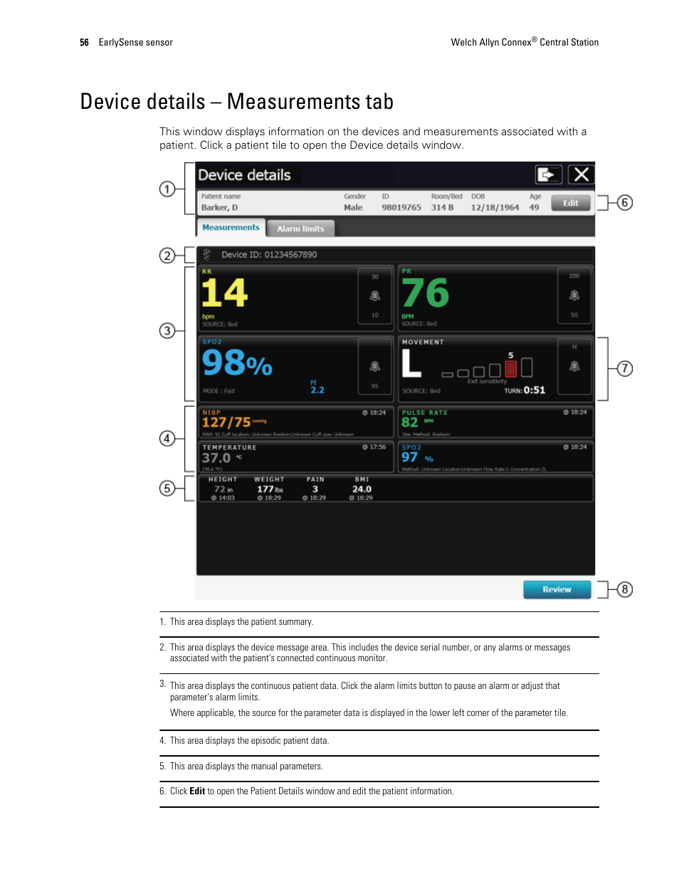 Device details – measurements tab | Welch Allyn Connex Central Station - User Manual User Manual | Page 62 / 98