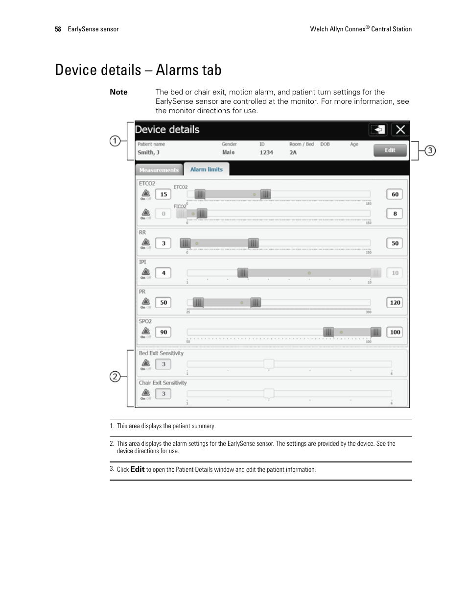 Device details – alarms tab | Welch Allyn Connex Central Station - User Manual User Manual | Page 64 / 98