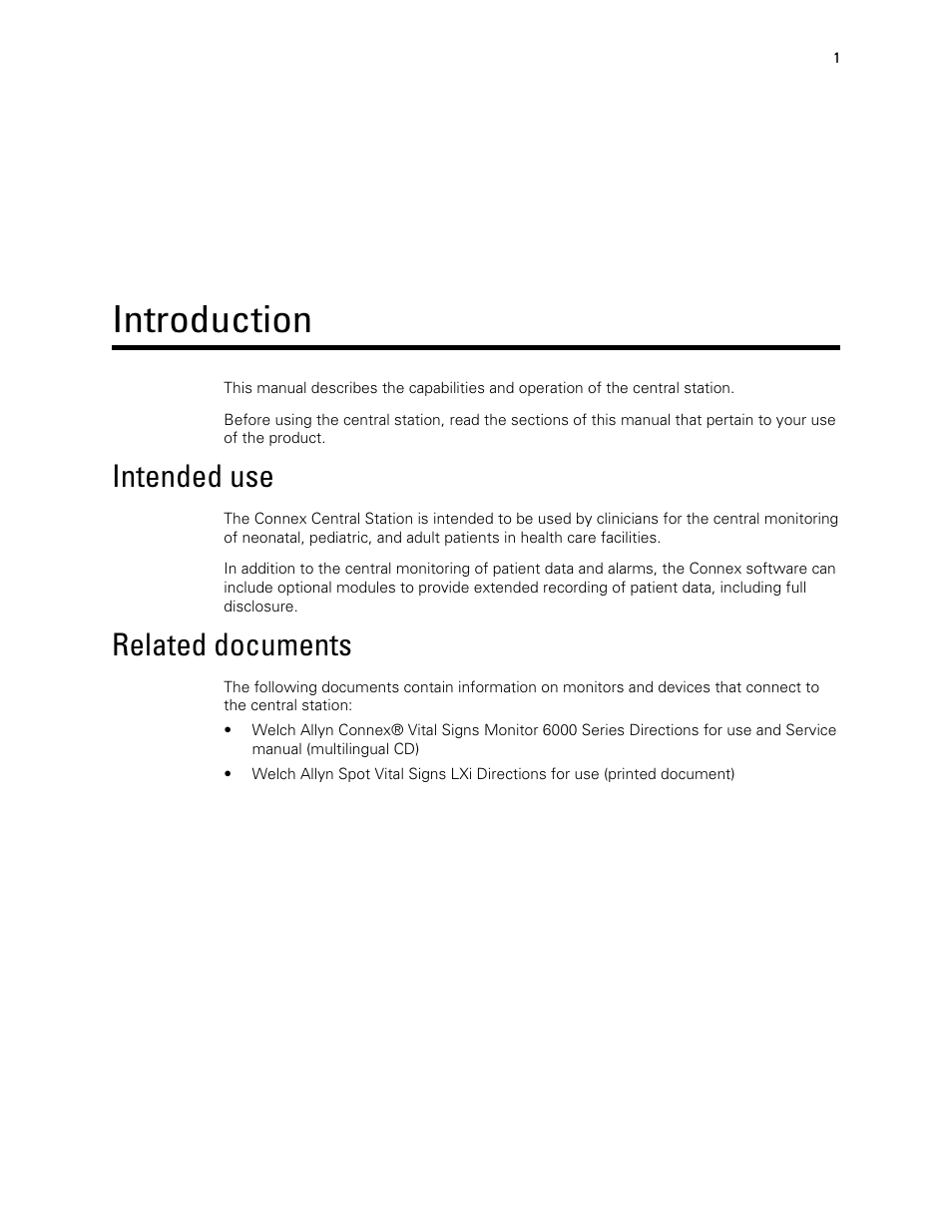 Introduction, Intended use, Related documents | Welch Allyn Connex Central Station - User Manual User Manual | Page 7 / 98